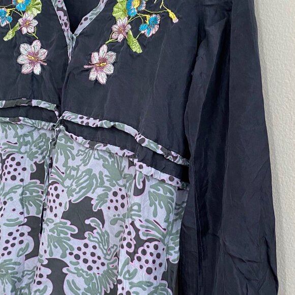 Johnny Was Silk Floral Embroidered Empire Waist Babydoll Long Sleeve Blouse - Picture 6 of 11